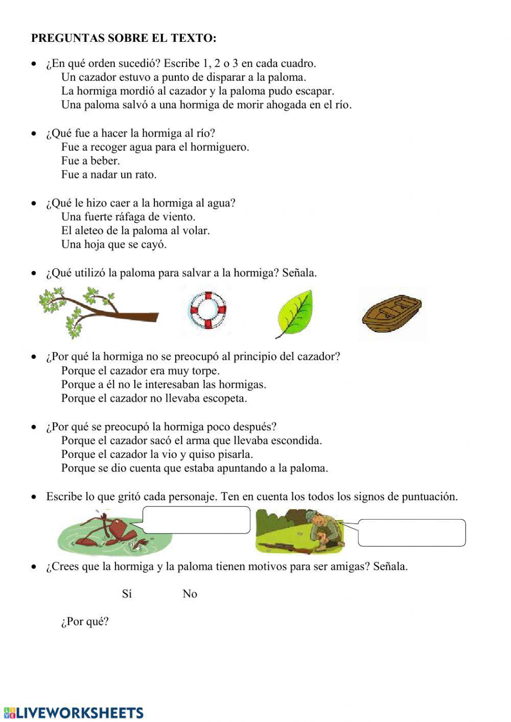 Lectura comprensiva: La hormiga y la paloma. Lectura comprensiva: La hormiga y la paloma.