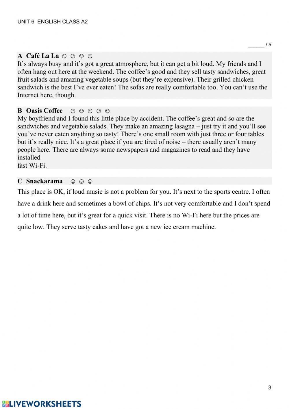 English class A2 test unit 6