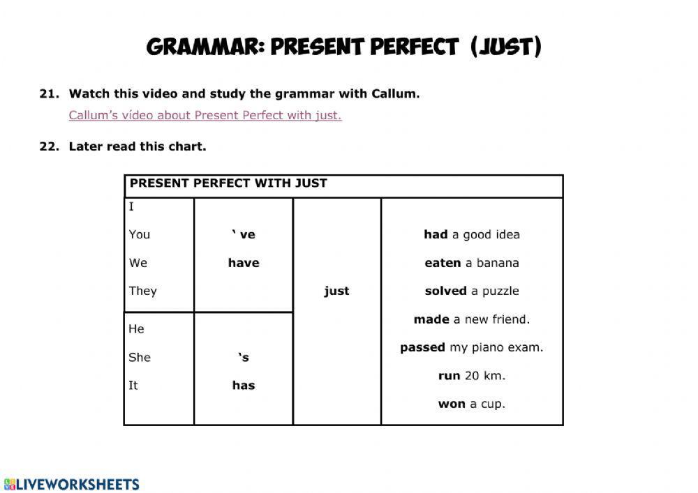Grammar present perfect with just