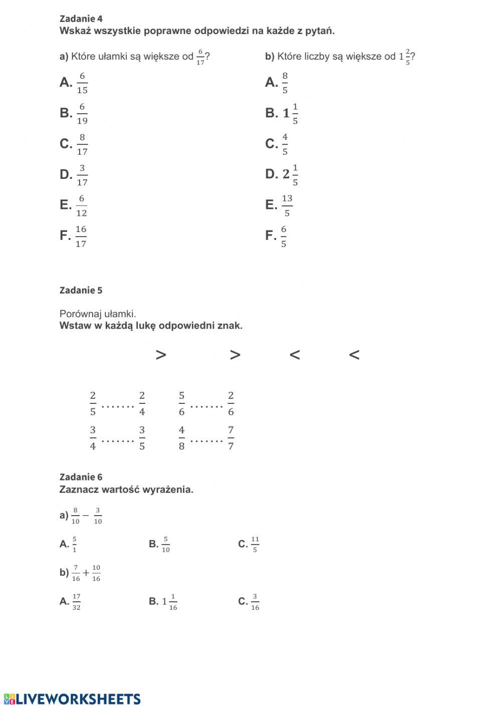 Powtórzenie wiadomości z ułamków zwykłych