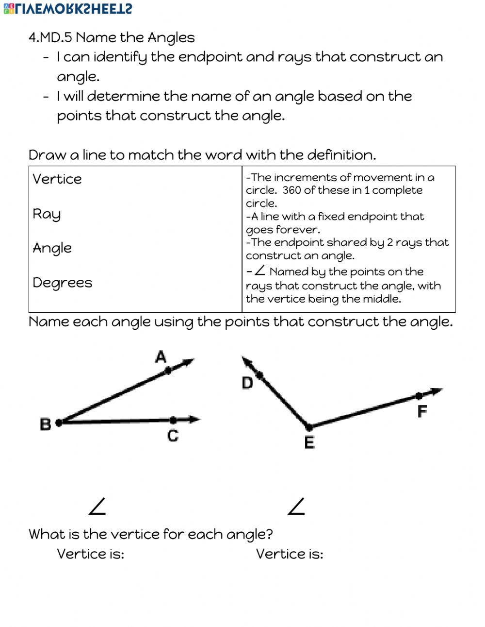 Naming Angles Worksheet