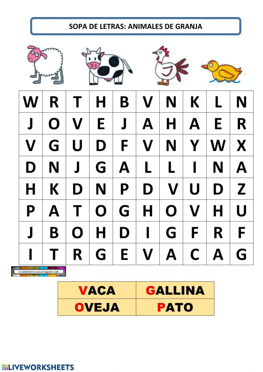 Sopa de letras animales de granja Sopa de letras animales de granja