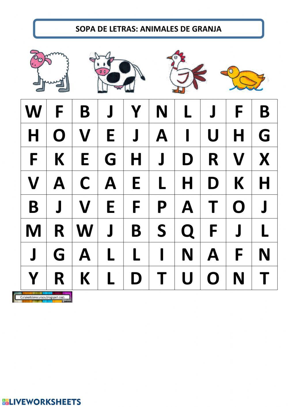 Sopa de letras animales granja