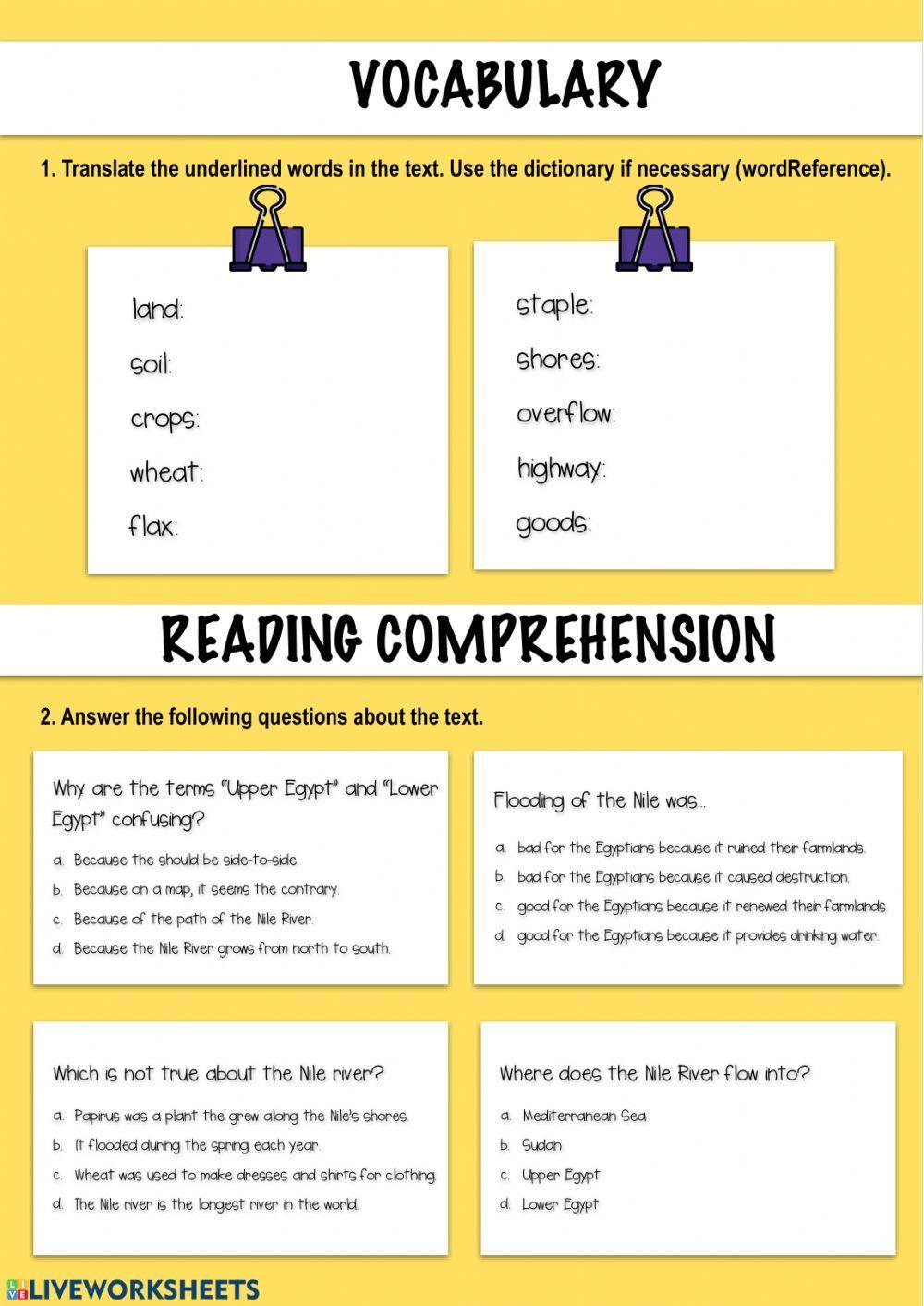 The Nile river: reading comprehension