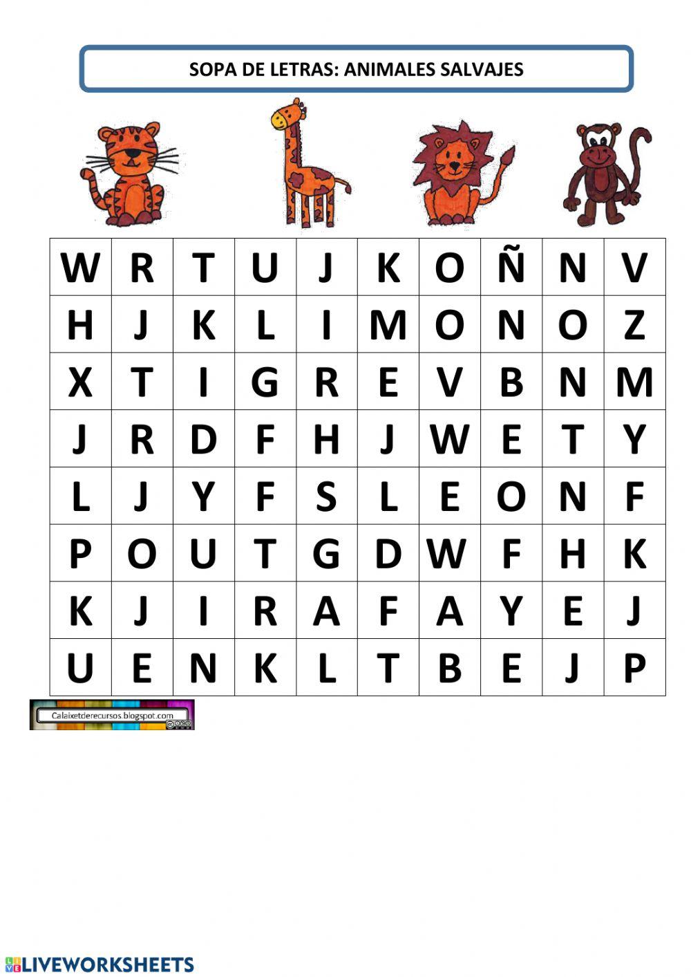 Sopa de letras animales salvajes