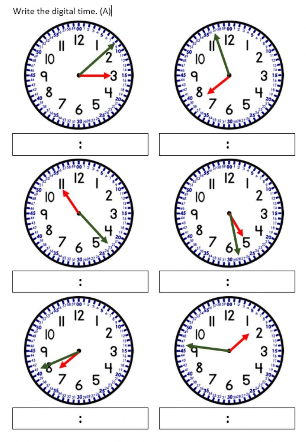 Telling time to nearest minute.