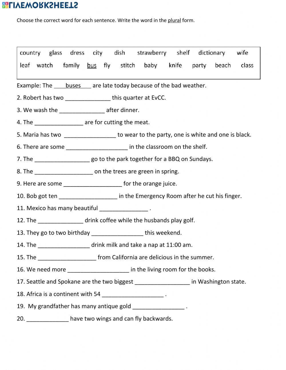 Plural Nouns Cloze Exercise