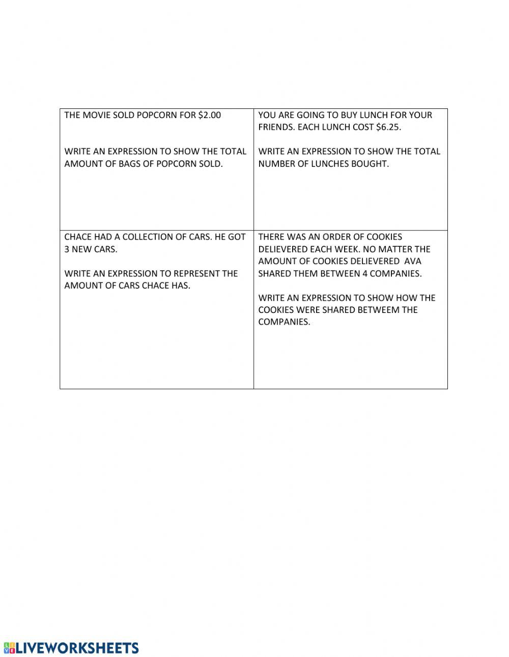 Creating algebraic expressions
