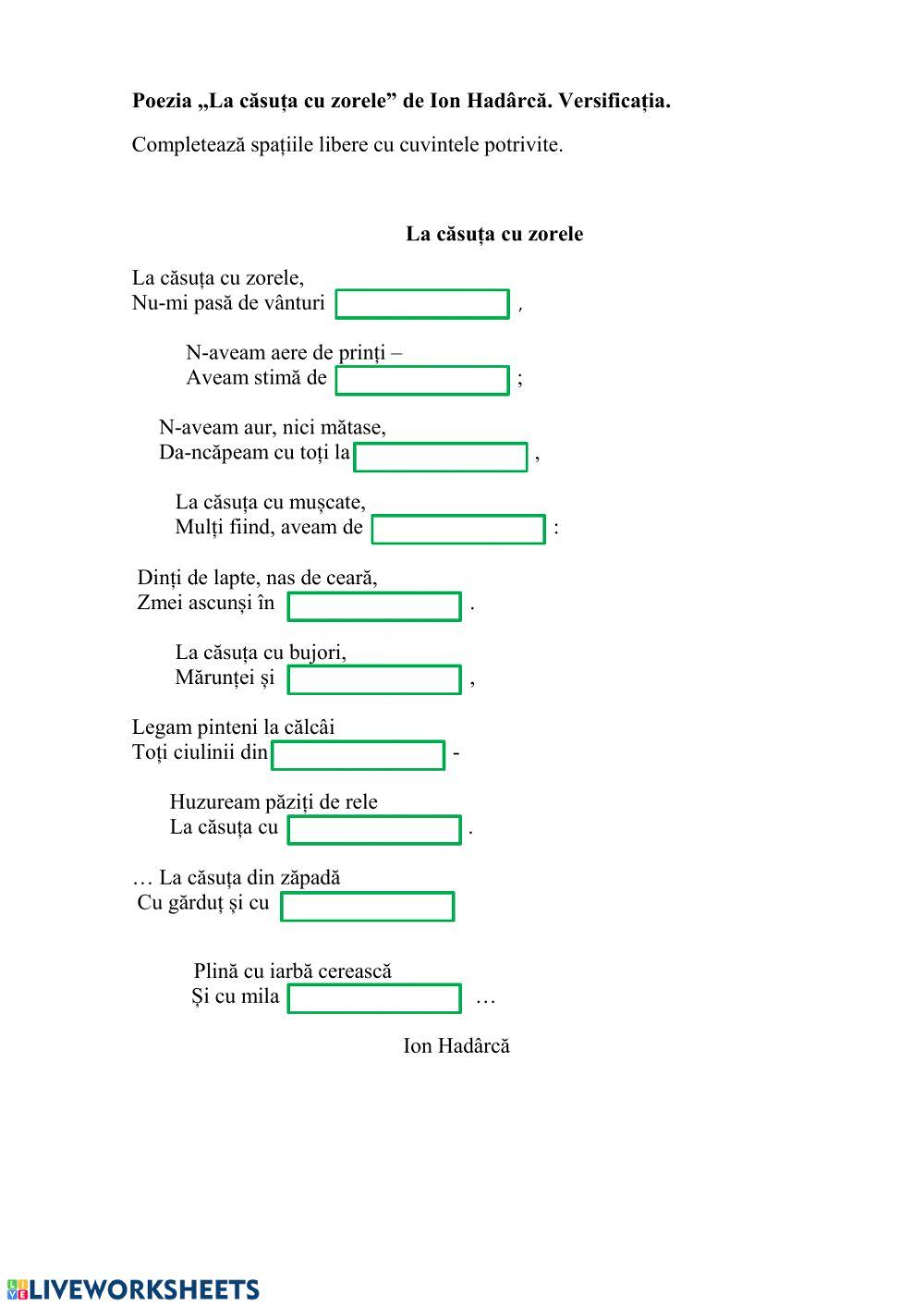 Textul ,,La căsuța cu zorele” de Ion Hadârcă.