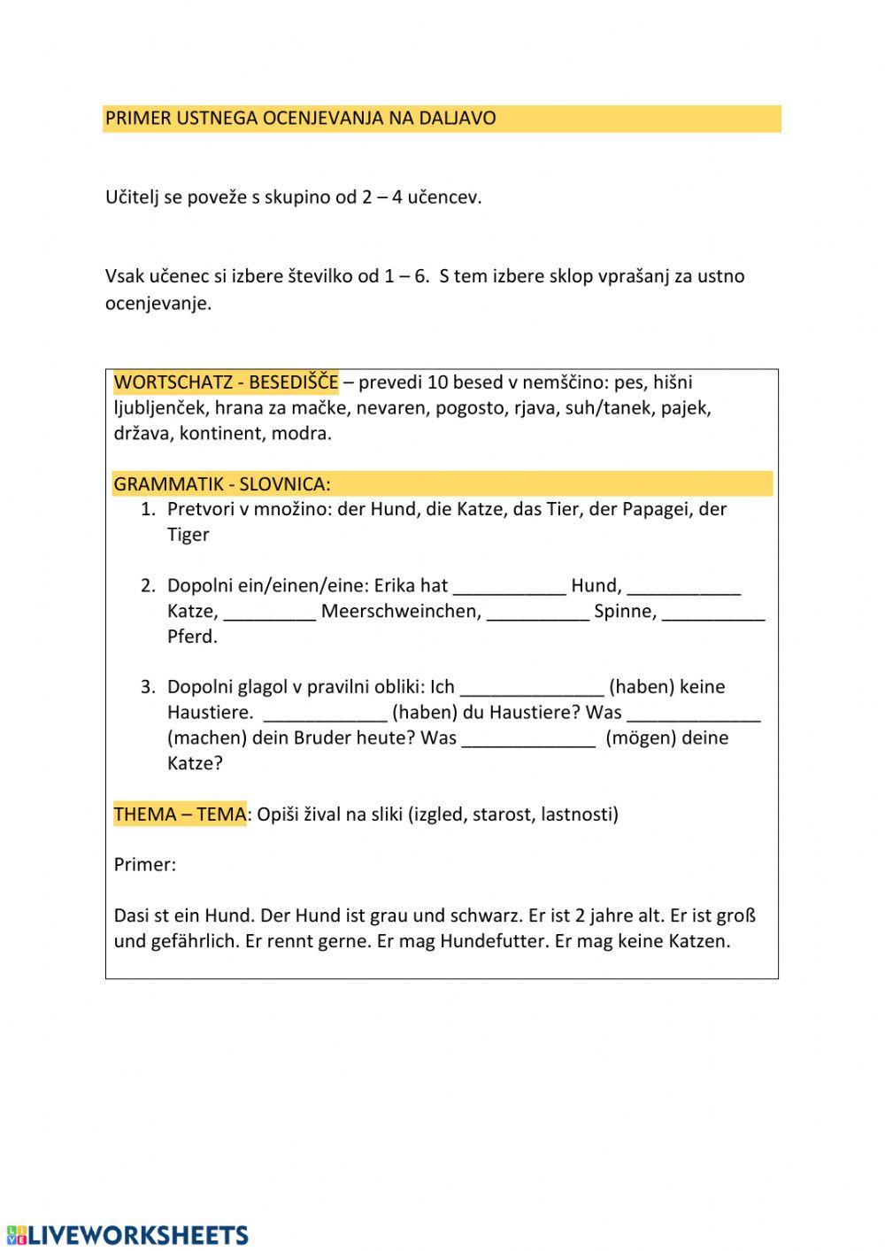 Tiere - mündliche Prüfung