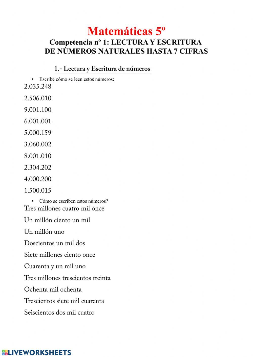 Lectura y escritura números naturales 7 cifras