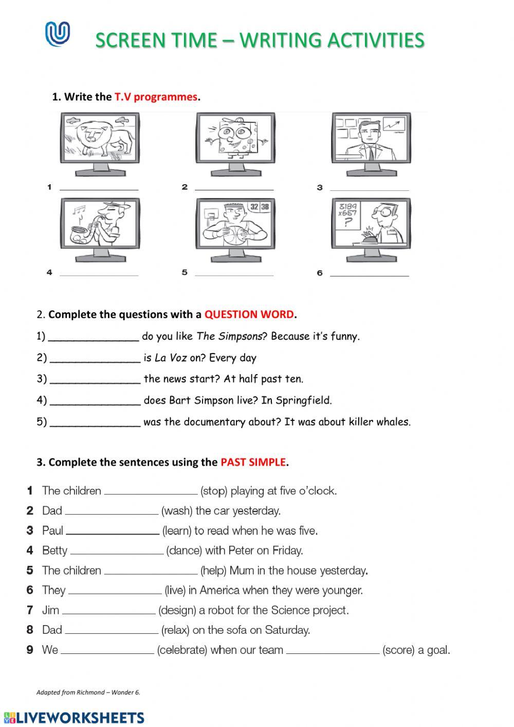 Screen time - writing activities