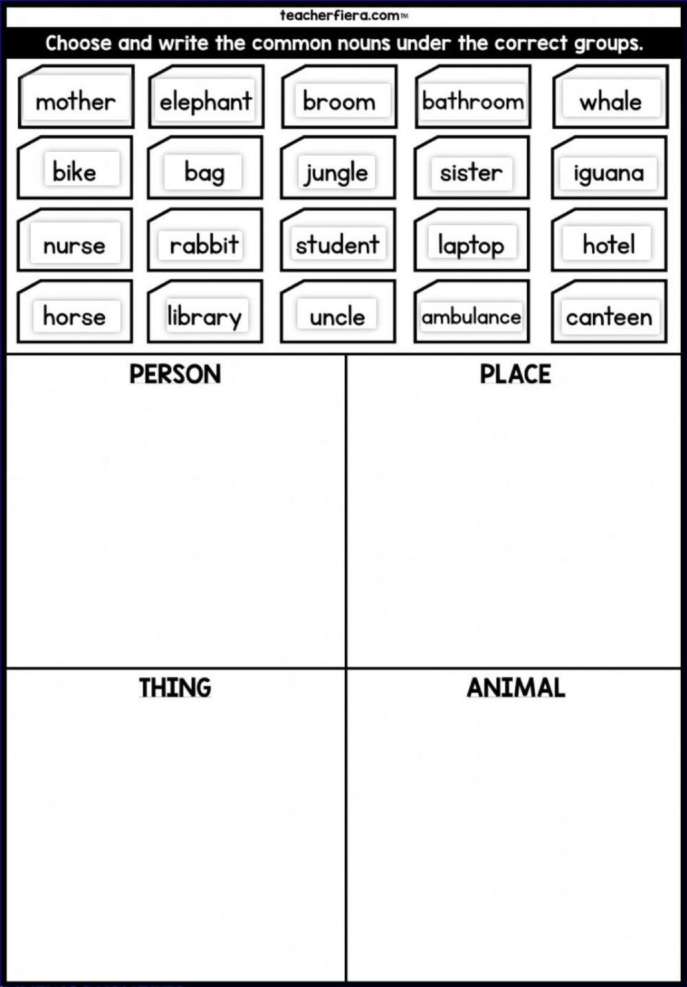 Noun Sort worksheet | Live Worksheets