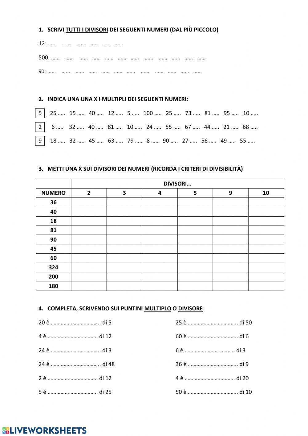 Multipli, divisori e criteri di divisibilita'
