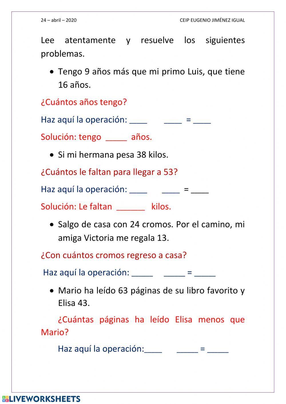 Problemas de matemáticas de sumas y restas con llevadas