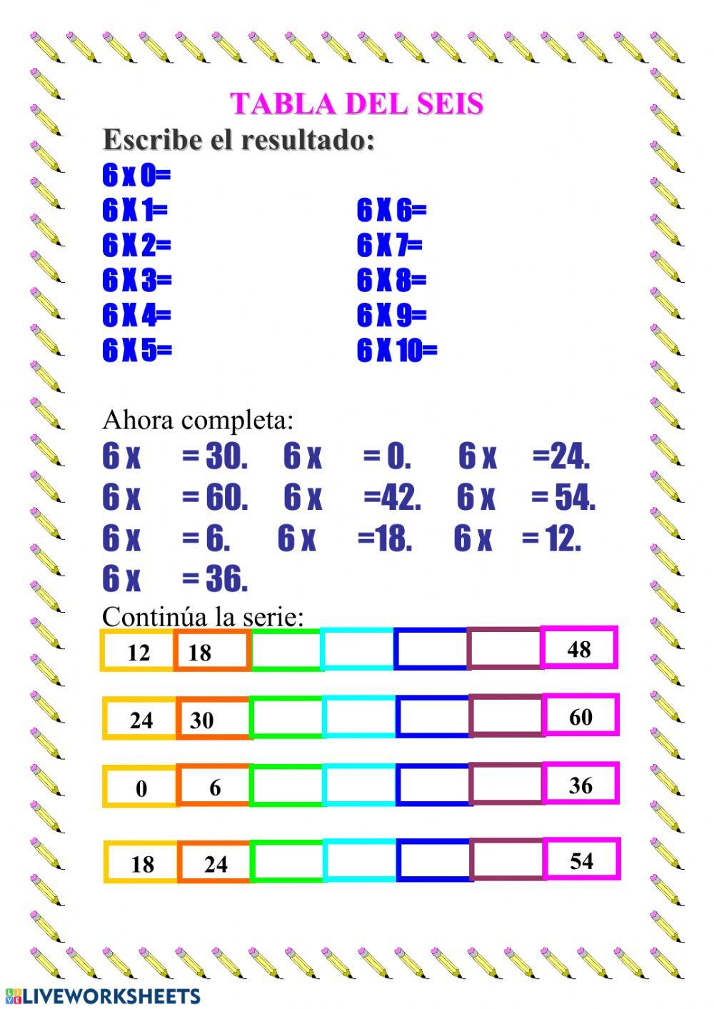 Ejercicios Tabla Del 6 Tablas de multiplicar. Tabla del 6. worksheet | Live Worksheets