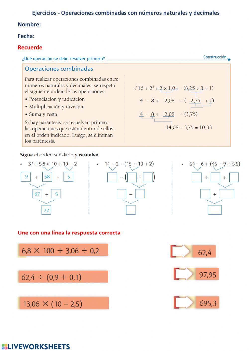 Operaciones combinadas con numeros enteros y decimales