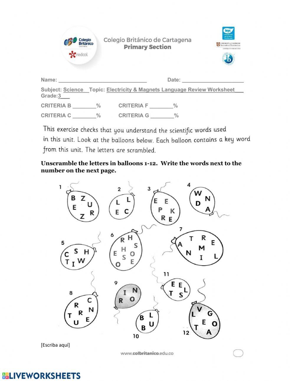 Electricty and Magnetic Language Review Worksheet