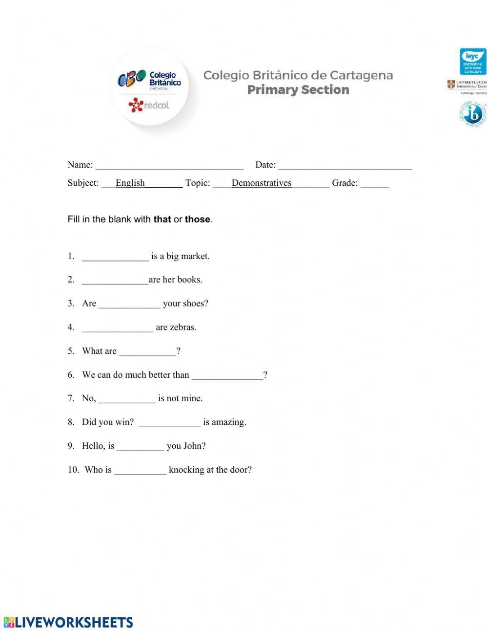 Demonstrative Practice Beginners Worksheet