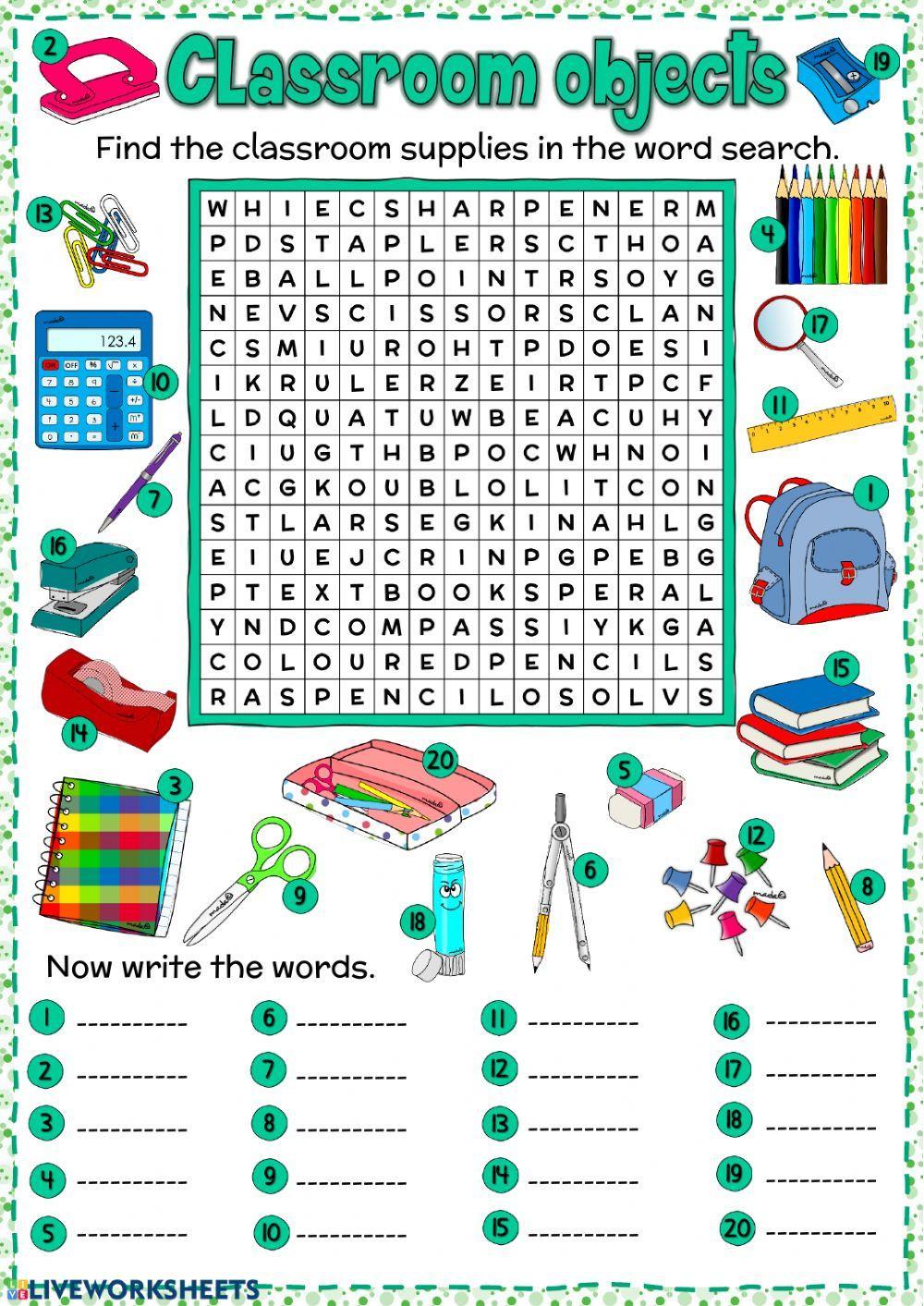 Classroom objects - word search