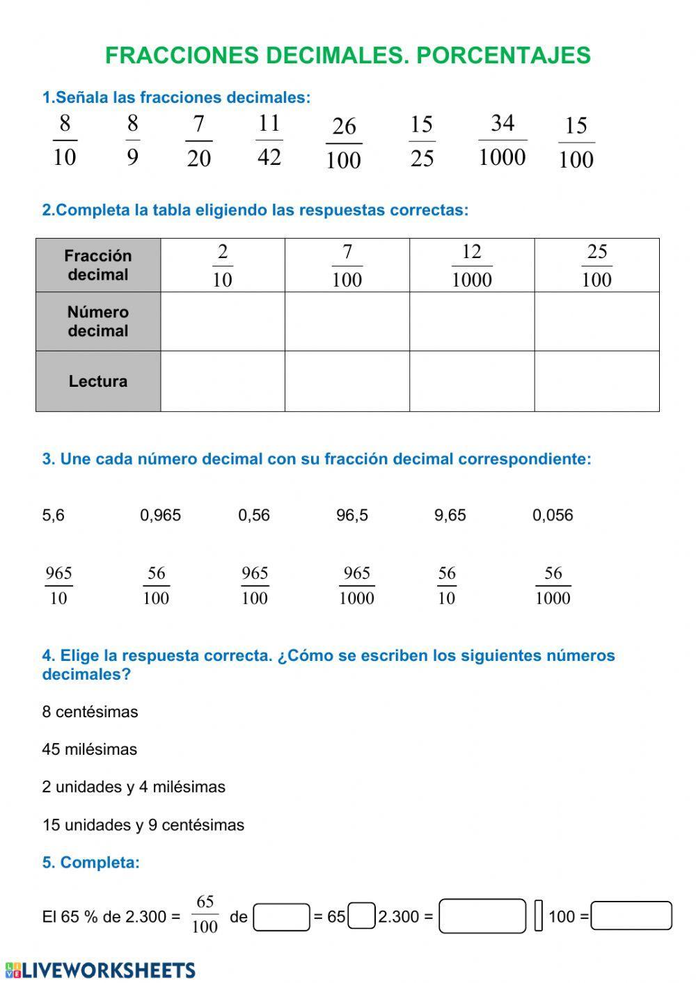 Fracciones decimales. Porcentajes