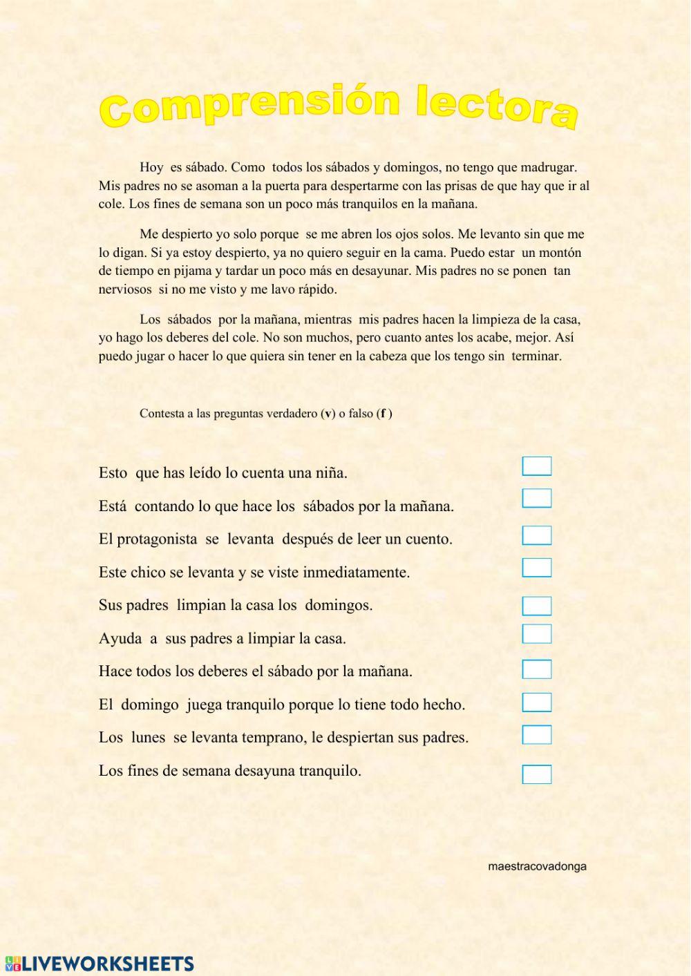 Comprensión lectora. Los sábados.