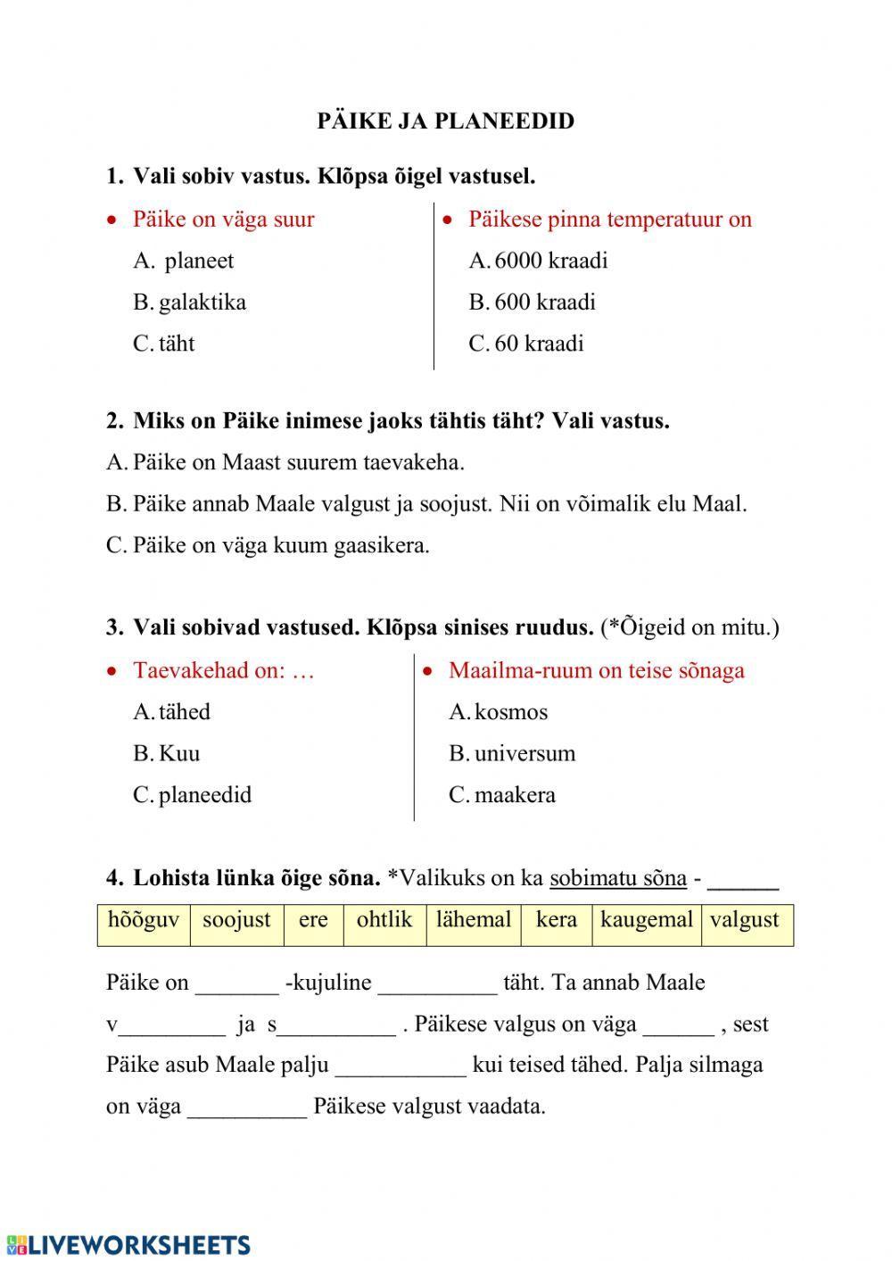 Päike ja planeedid (kordamine) Päike ja planeedid (kordamine)