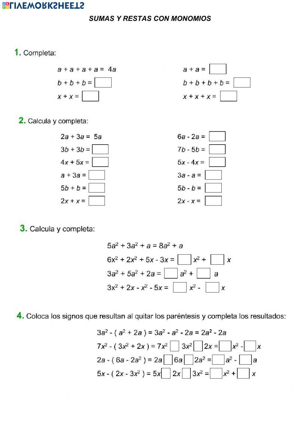 Suma de monomios worksheet
