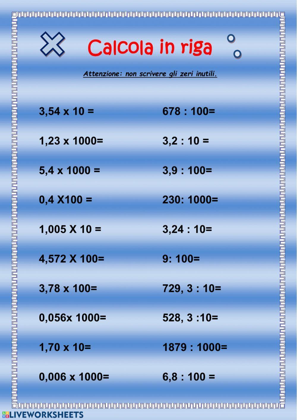 moltiplicazioni e divisioni in riga con i decimali