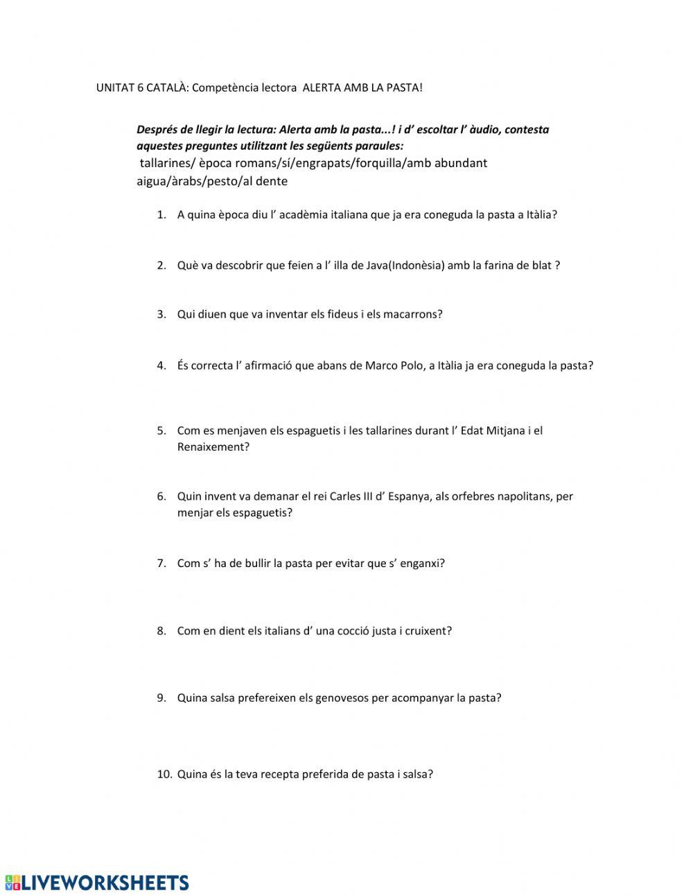 Comprensió lectora: Alerta amb la pasta...!