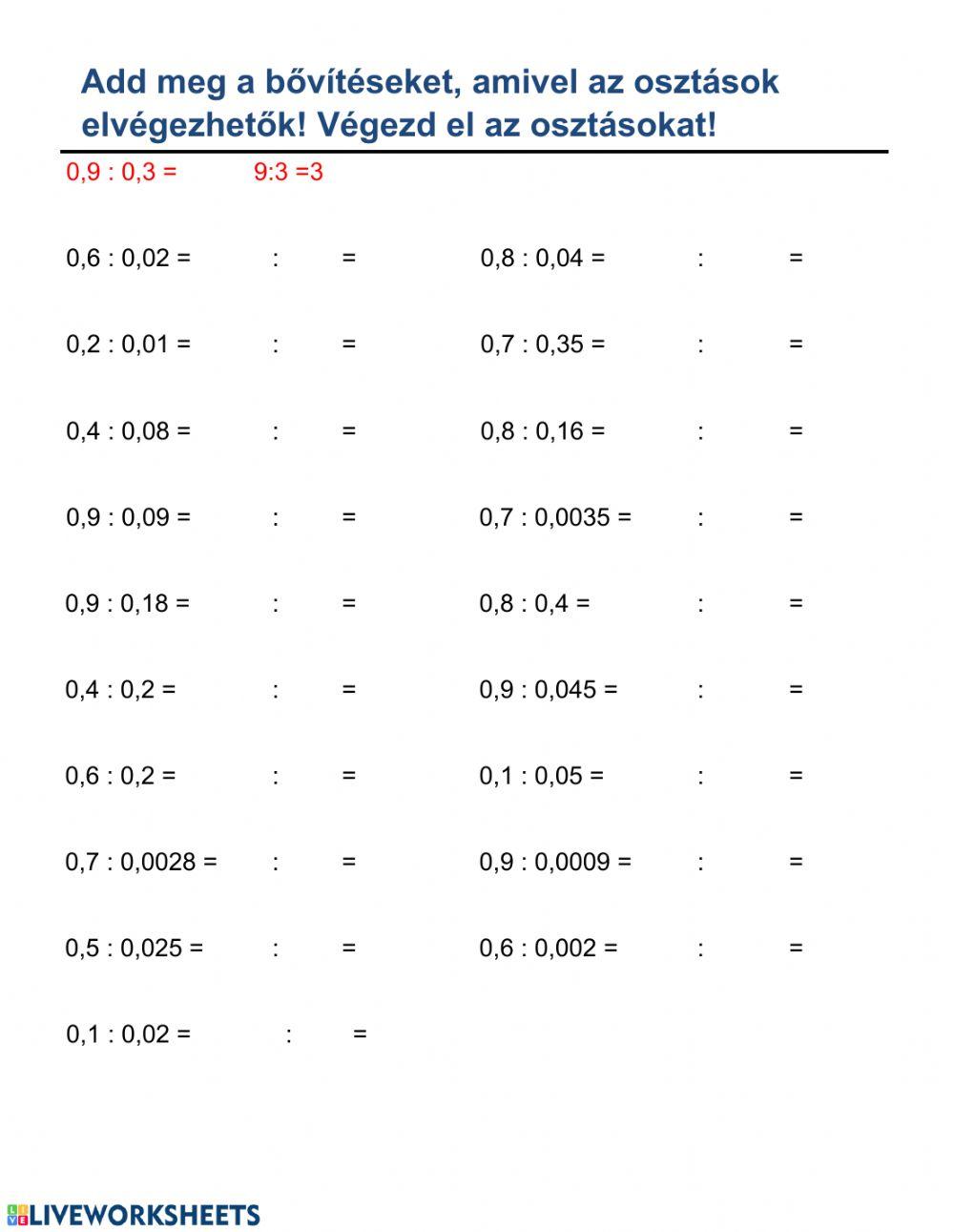 Osztás tizedes törttel