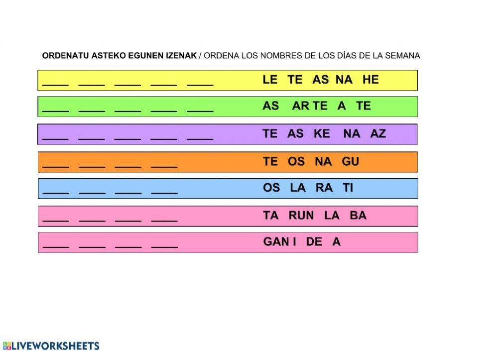 Ordenatu asteko egunen izenak