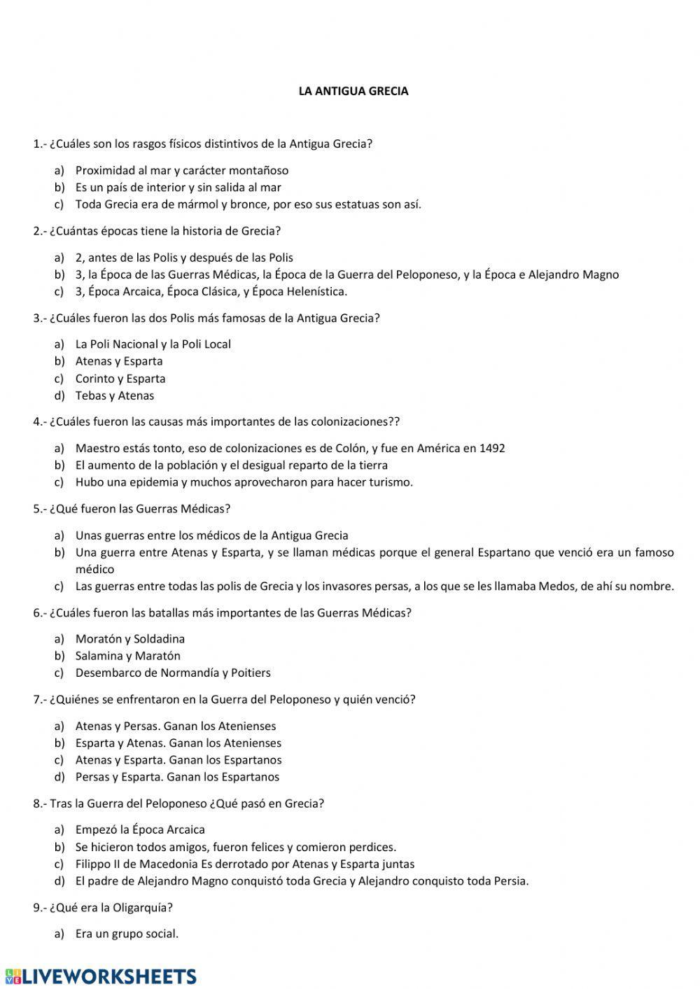 Cuestionario Antigua Grecia