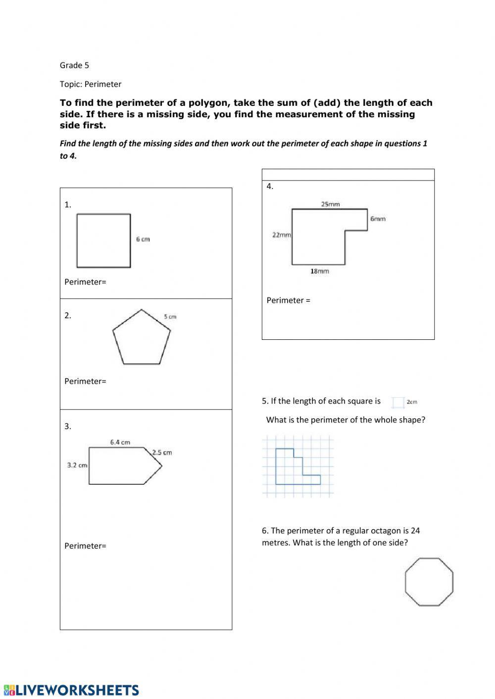 Perimeter grade 5 online exercise for | Live Worksheets