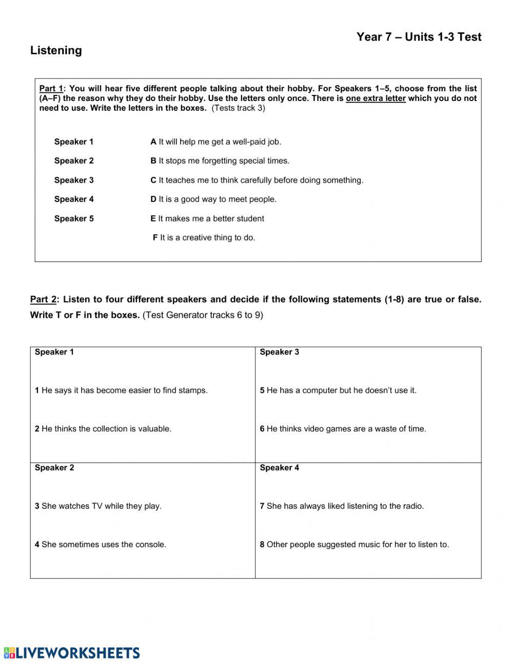 YEAR 7 - TEST 1 LISTENING