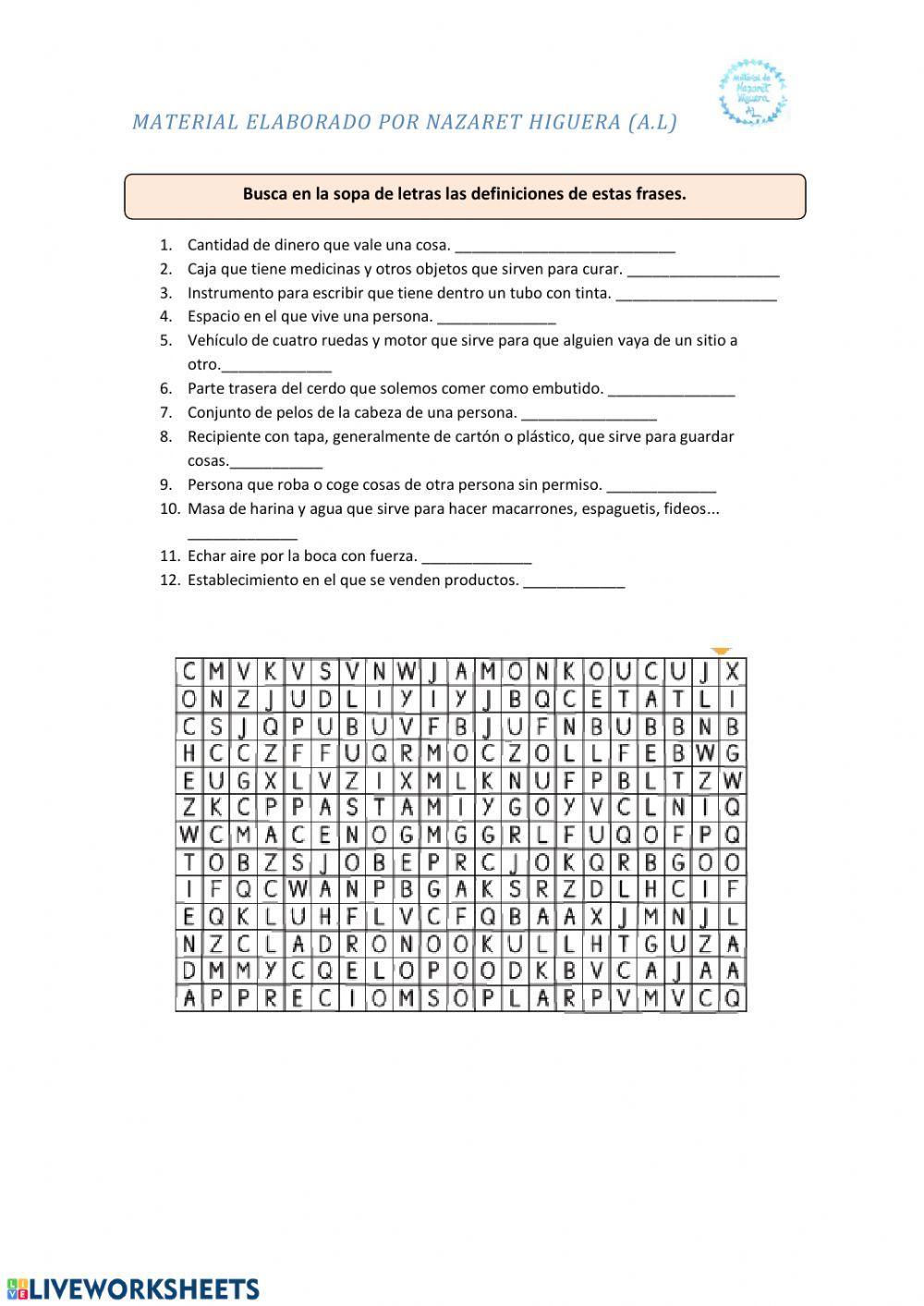 Sopa de letras con  definiciones