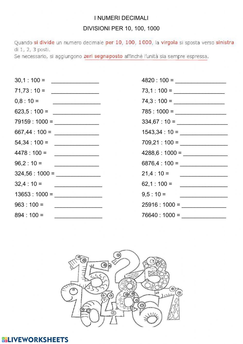 Divisioni per 10, 100, 1000 con i numeri decimali