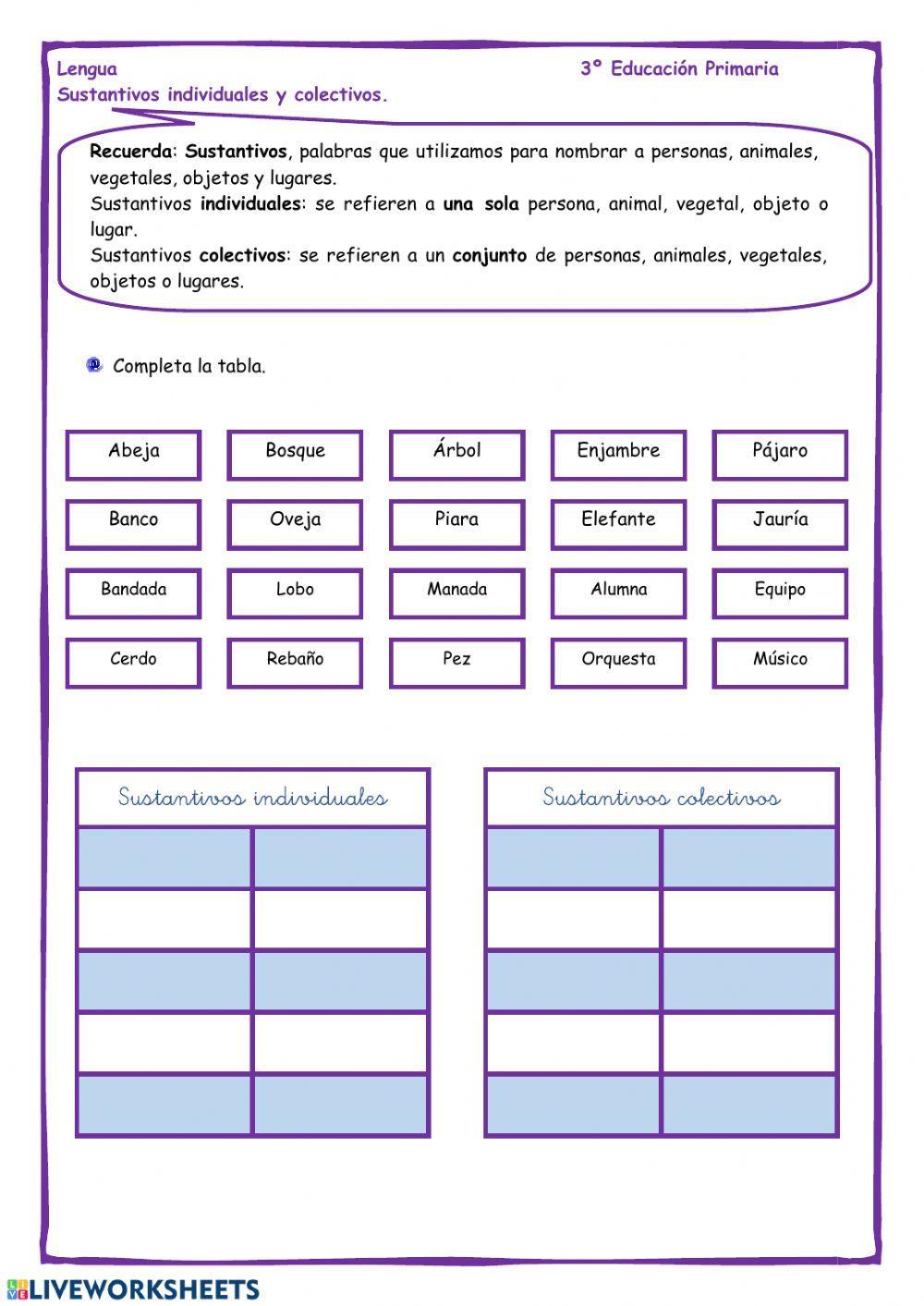 Practicamos: sustantivos INDIVIDUALES y COMUNES online exercise for