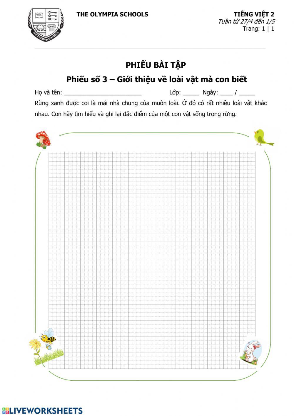 Phiếu số 3- Tuần 13: Giới thiệu một loài vật con biết