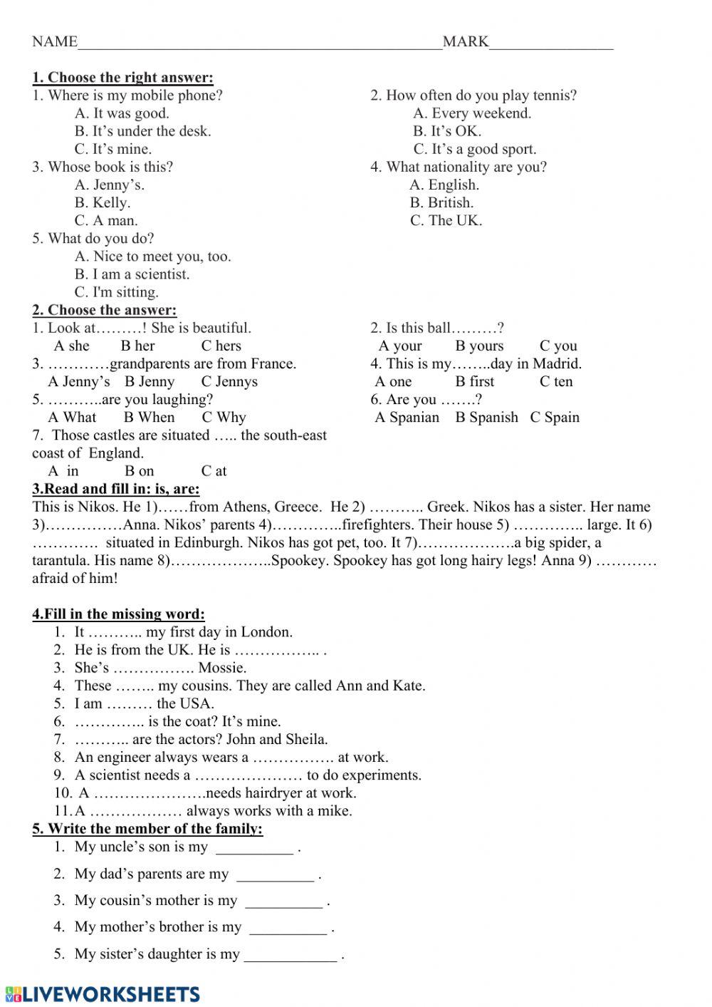 Welcome 3 unit 1 test