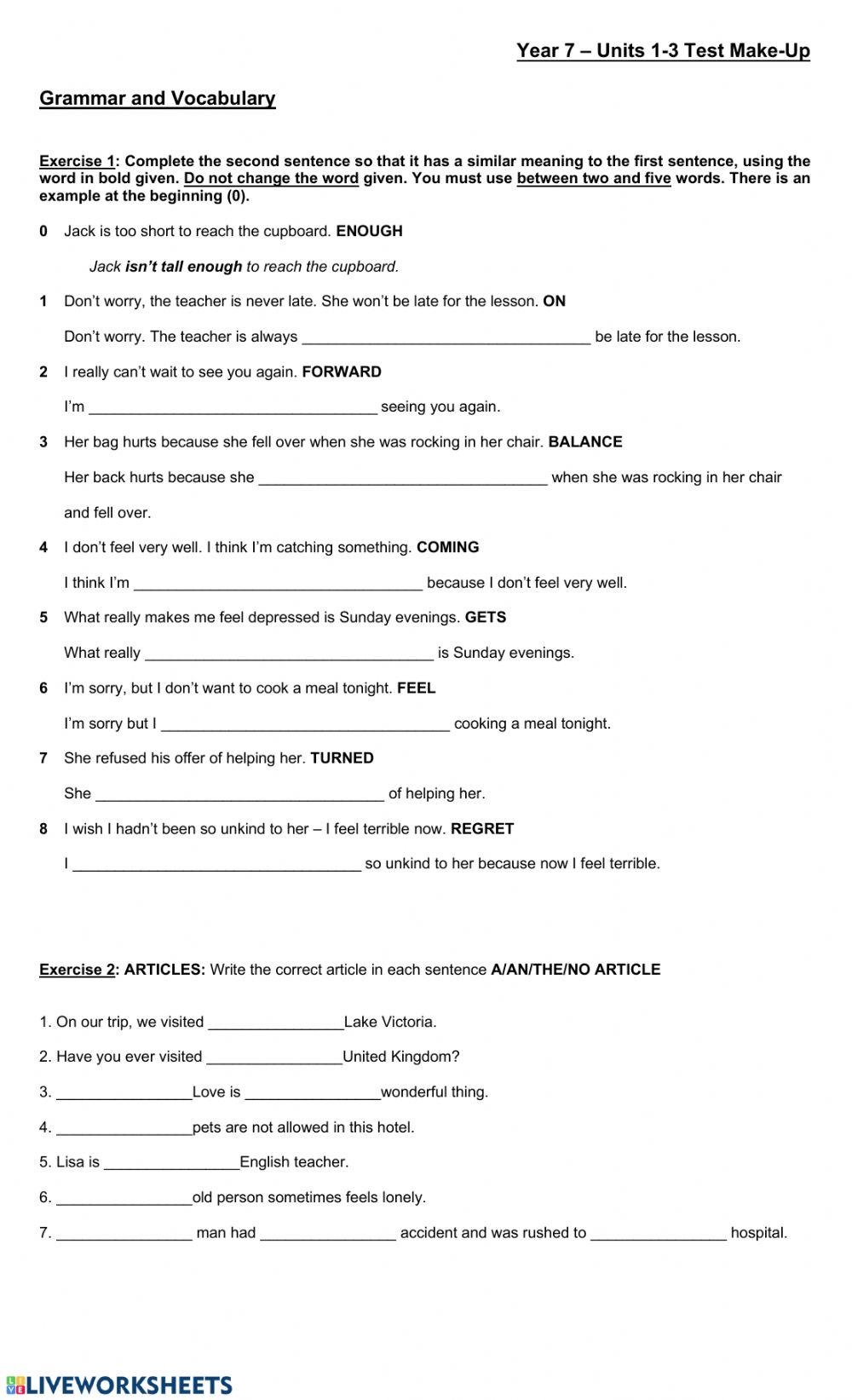 Year 7 test 1 make up