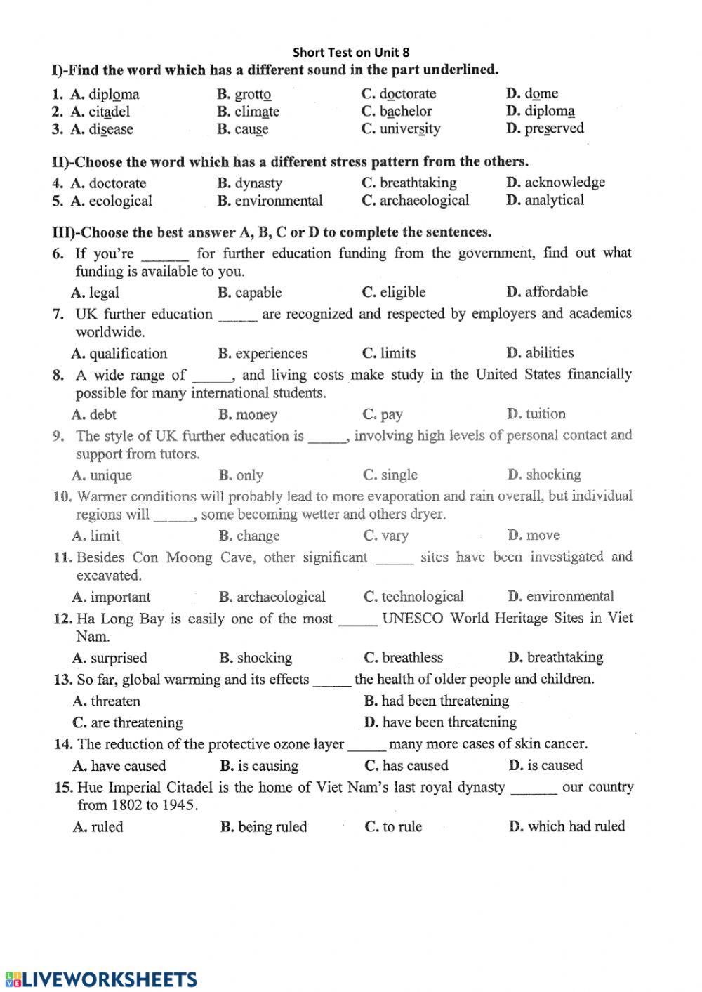 English 11 - Unit 8 - Short Test
