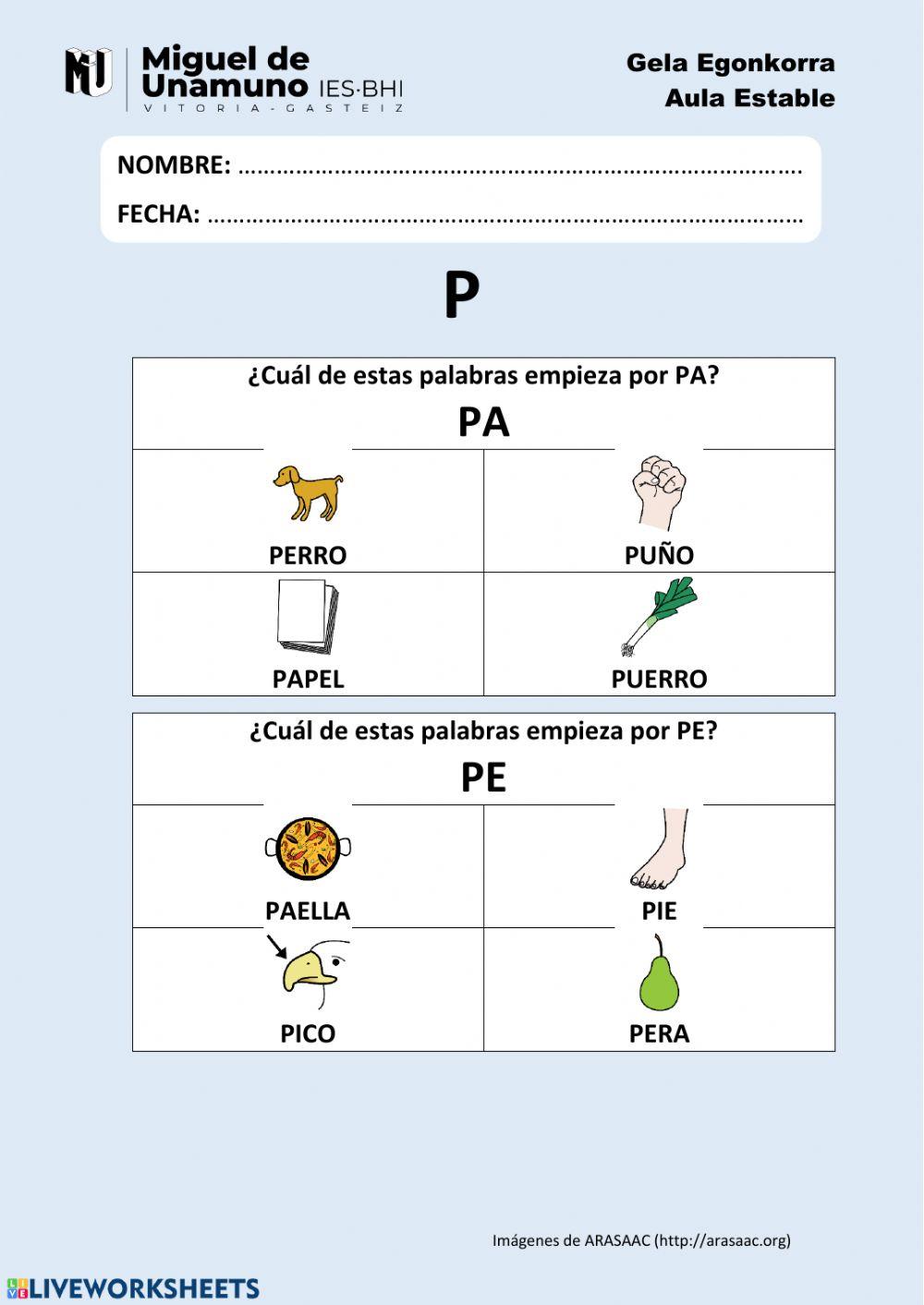 La P 2: Elige la que empieza por la sílaba…