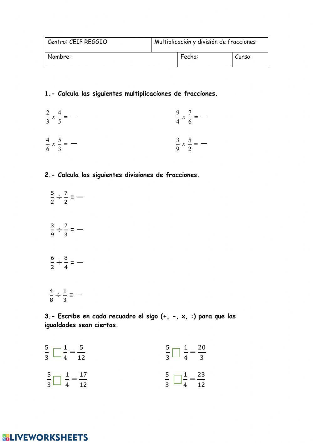Multiplicación y división de fracciones, para mi cole