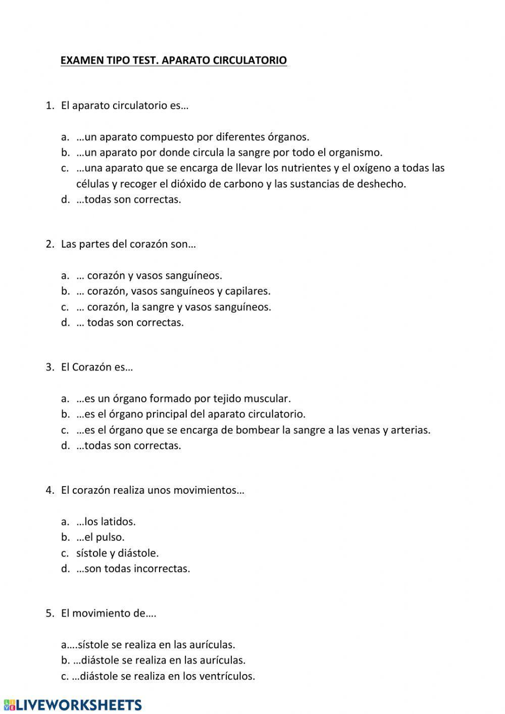 Examen tipo test Aparato Circulatorio