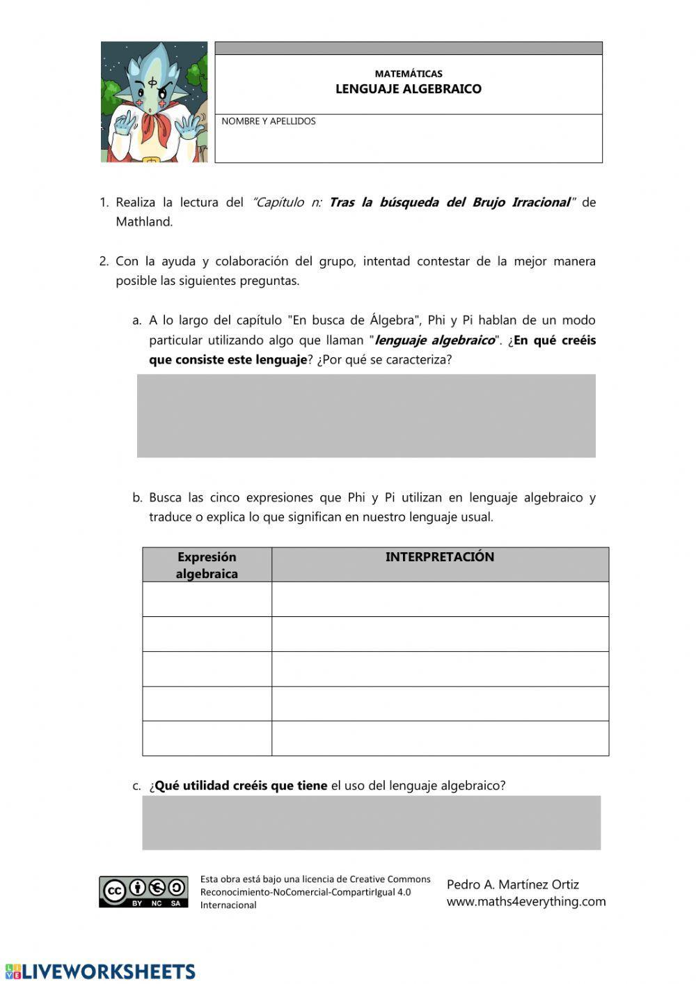 Dossier ejercicios lenguaje algebraico Maths4everything