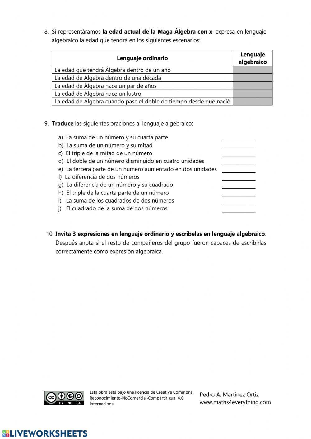Dossier ejercicios lenguaje algebraico Maths4everything