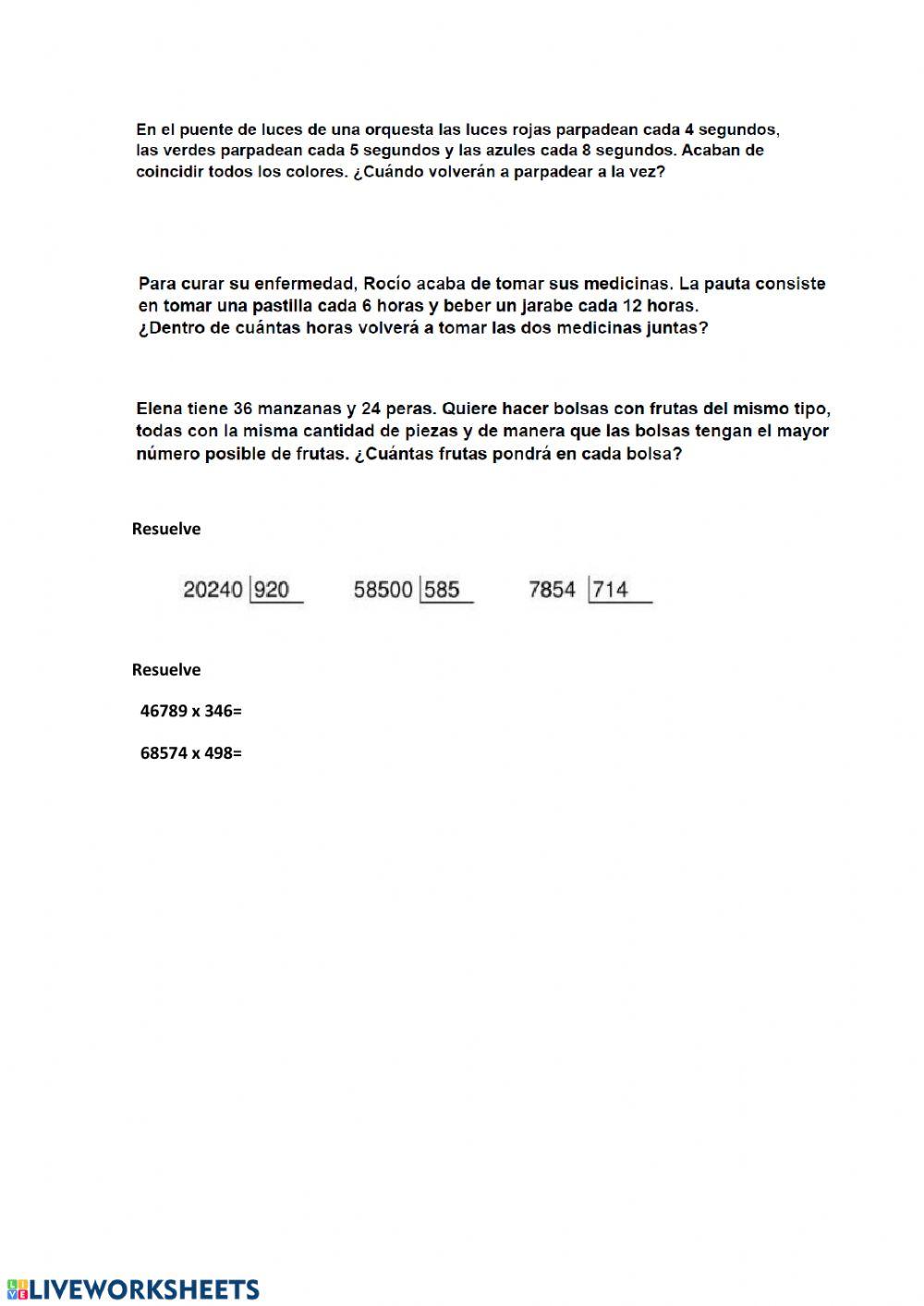 Ejercicios mínimo común múltiplo y máximo común divisor