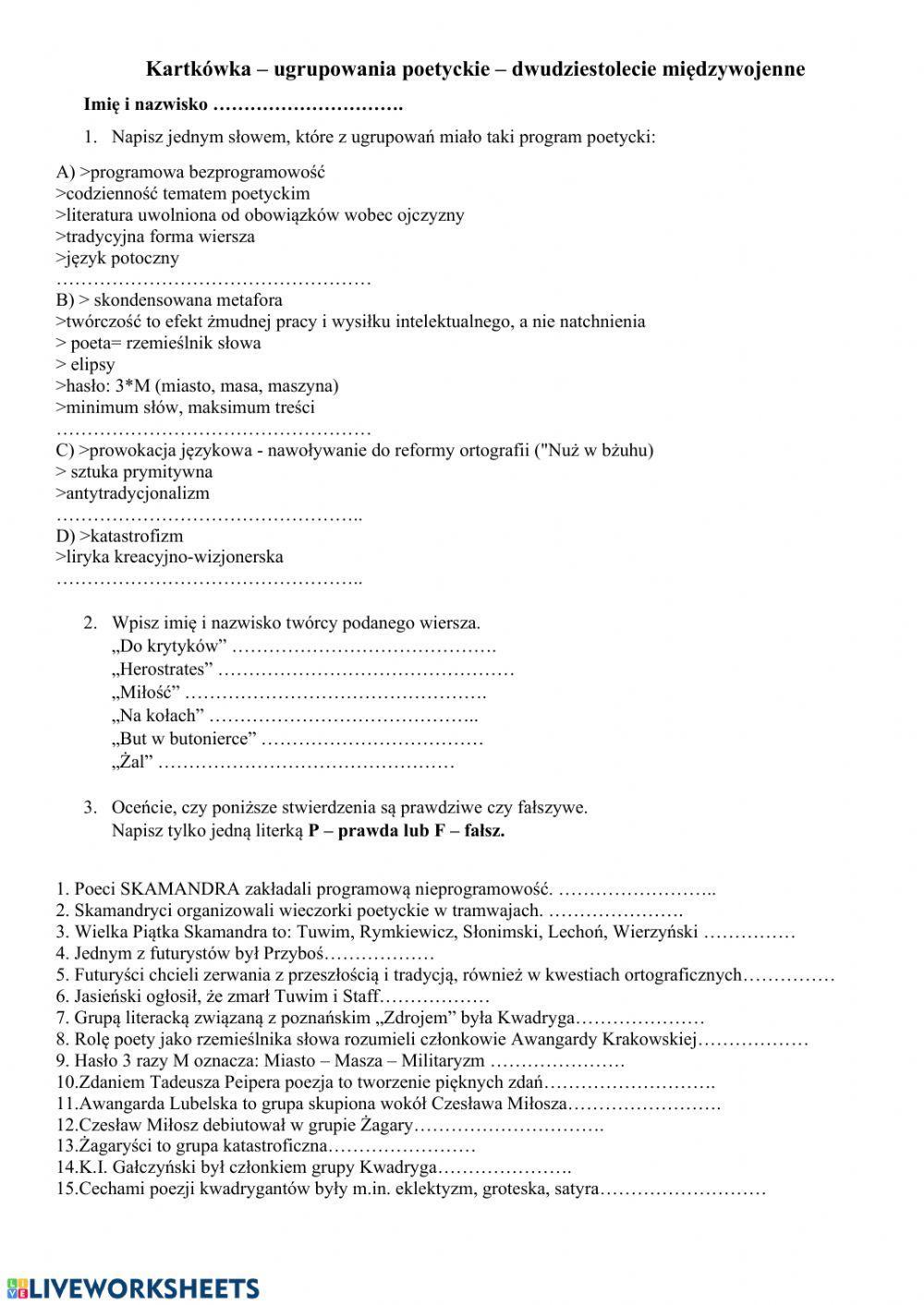 Ugrupowania poetyckie dwudzestolecie międzywojenne