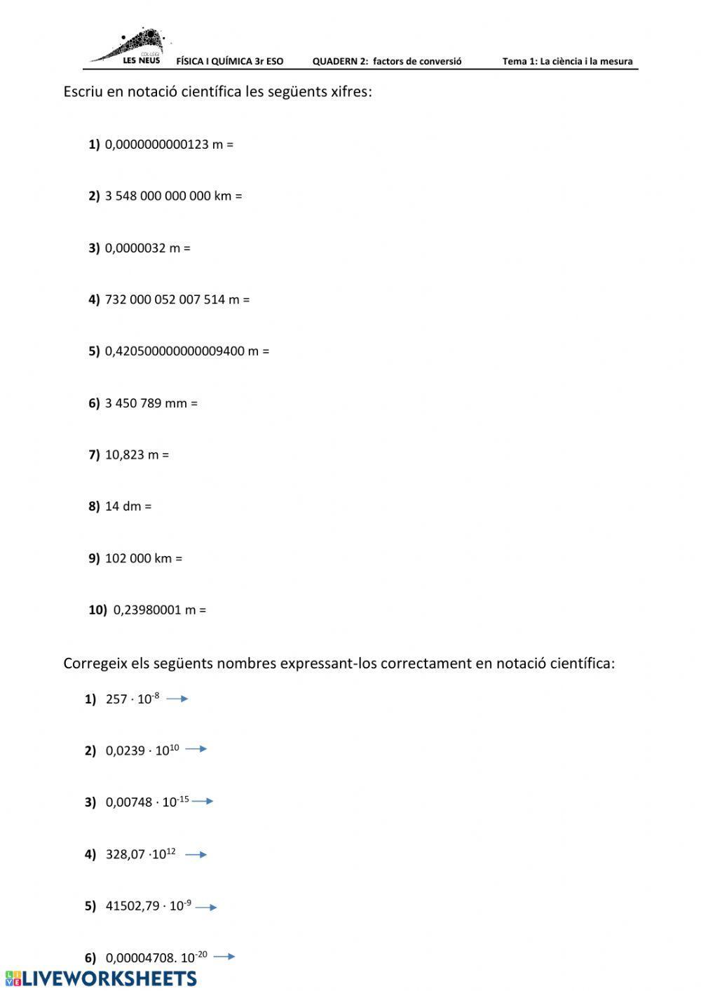 Problemes factors conversió i notació científica